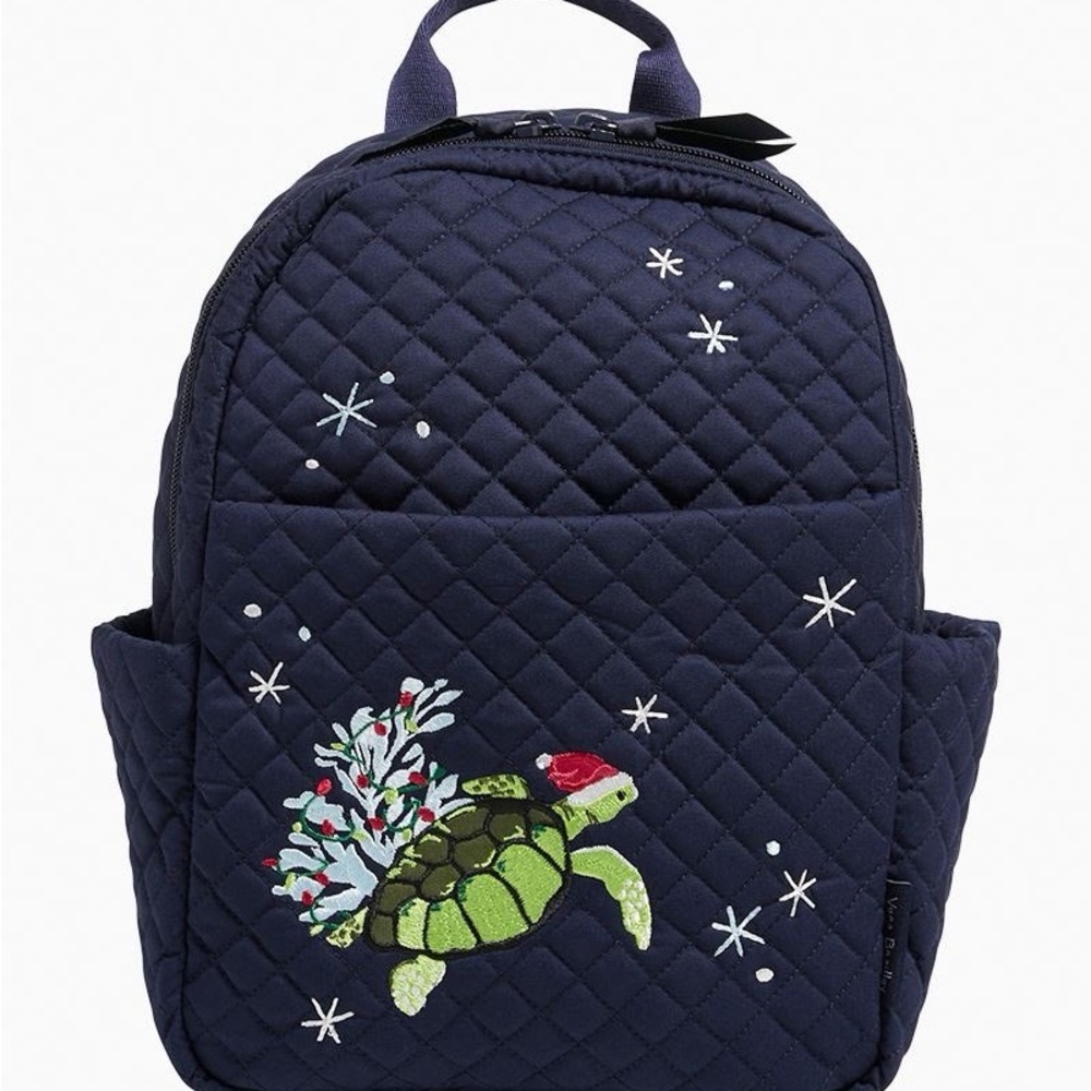🆕Vera Bradley Cotton Quilted Small Backpack Bag Holiday “Santa Turtle” Navy - Picture 2 of 6